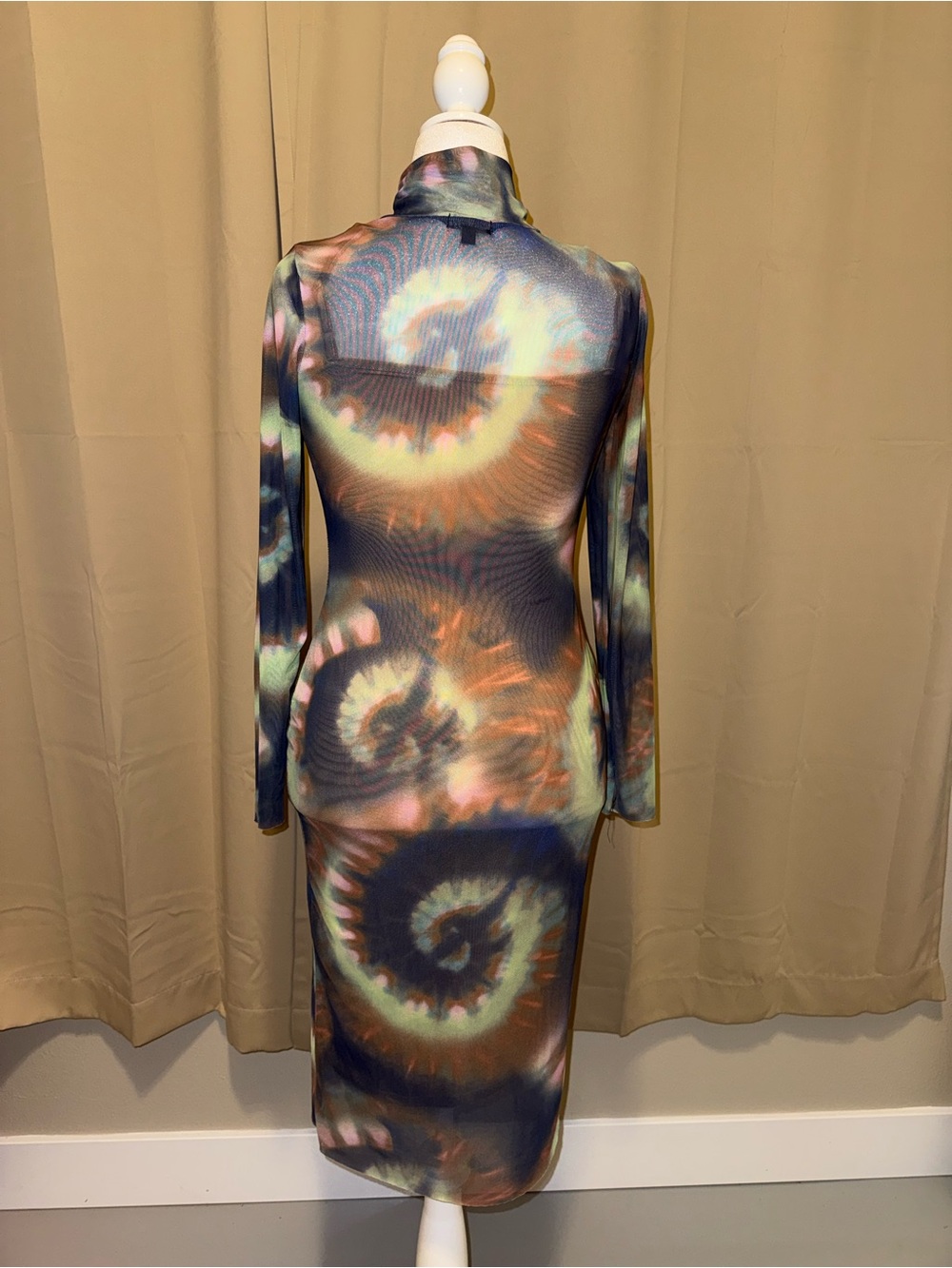 AFRM Helga Dress Berry Swirl Long Sleeve Turtleneck Midi Mesh Dress Fall Colors - Picture 3 of 5